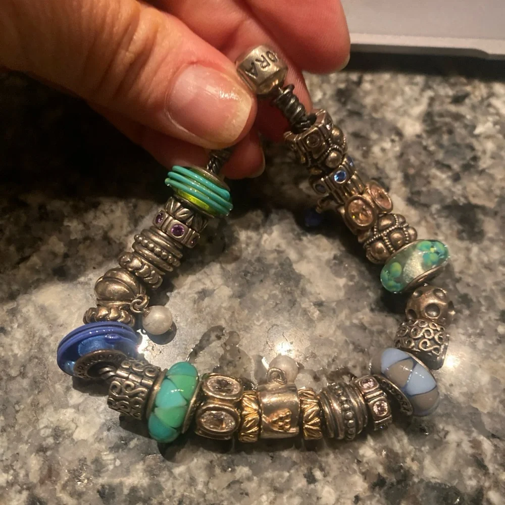 Pandora Moments Silver Bracelet with Blue green murano glass Charms - Picture 9 of 11